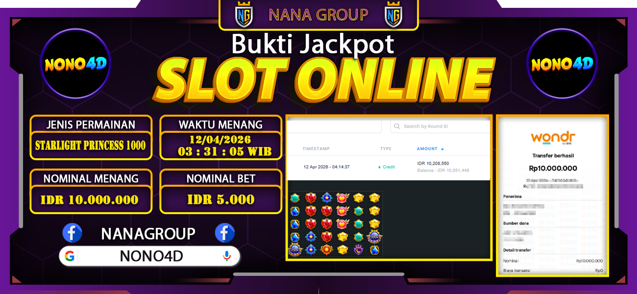 Bukti Kemenangan Besar Dibayar lunas Member NONO4D RP 10.000.000, 12 April 2026