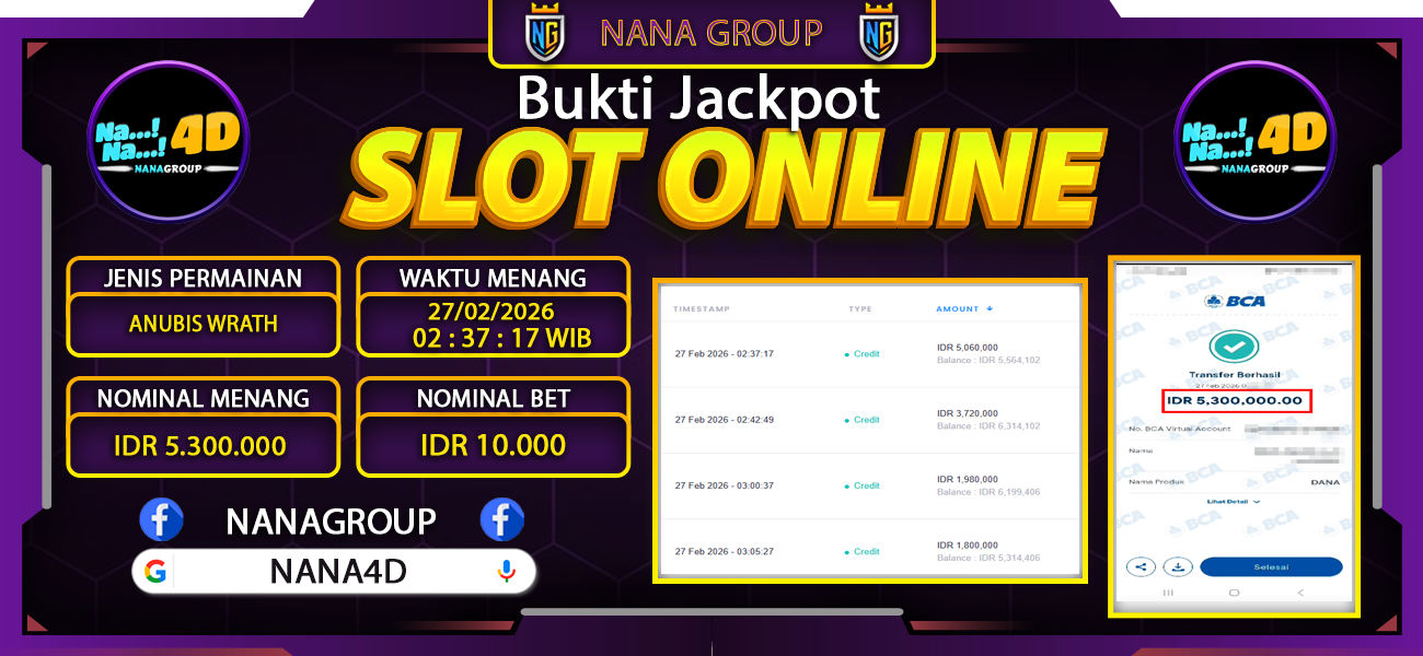Bukti Kemenangan Besar Dibayar lunas Member NANA4D RP 5.300.000, 27 Februari 2026